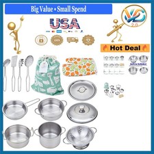 Kids Play Pots Pans Set Stainless Steel Kitchen Pretend Cookware Toys