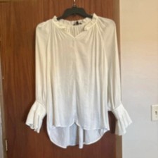 Women s White Solid Long Sleeve Ruffle Accent...