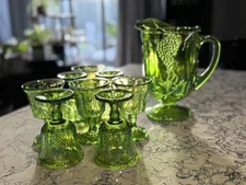 Iridescent Green Carnival Glass Pitcher & 8 Glasses Set in Harvest Grape
