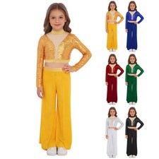 Kids Girls Dancewear Long Sleeve Sets Modern Outfits Ballet Costume Mesh Dance