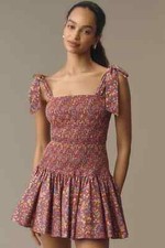 NWT Anthropologie Atsu Tie-Shoulder Smocked Mini Dress L Floral Red $198 Sundres