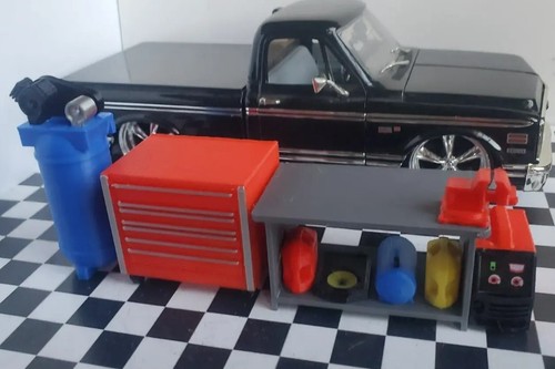 Red Tool Box Workbench Oil Pan Gas Air Compressor 1/24 1/25 Scale Garage Diorama - Picture 1 of 24