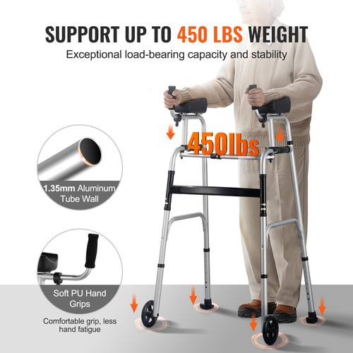 VEVOR 2 in 1 Folding Walker with Armrest Pads & 5" Solid Wheel Height Adjustable - Picture 3 of 12
