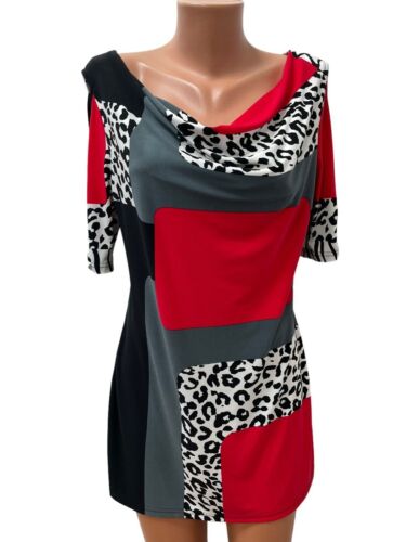 JOSEPH RIBKOFF Gr. L Blouse Top TUNika Black White Red Animal Pattern Cut out - Picture 1 of 7