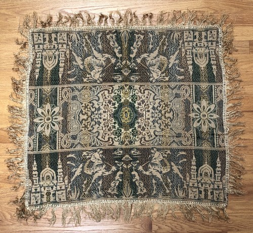 Vtg Fringed Brocade Tablecloth Shawl Camels Pyramids Minarets 28 x 30" - Picture 2 of 11