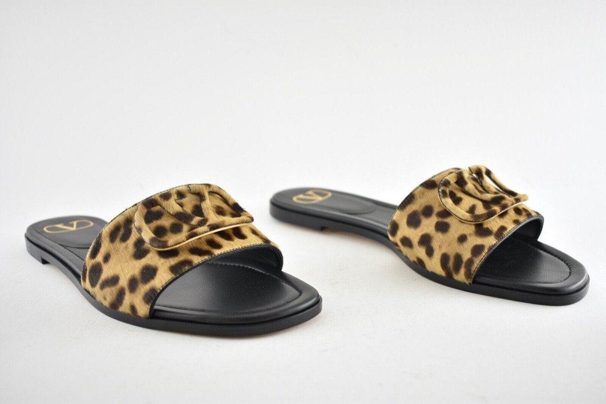 Valentino V Logo Leopard Black Brown Pony Fur Slides Mule