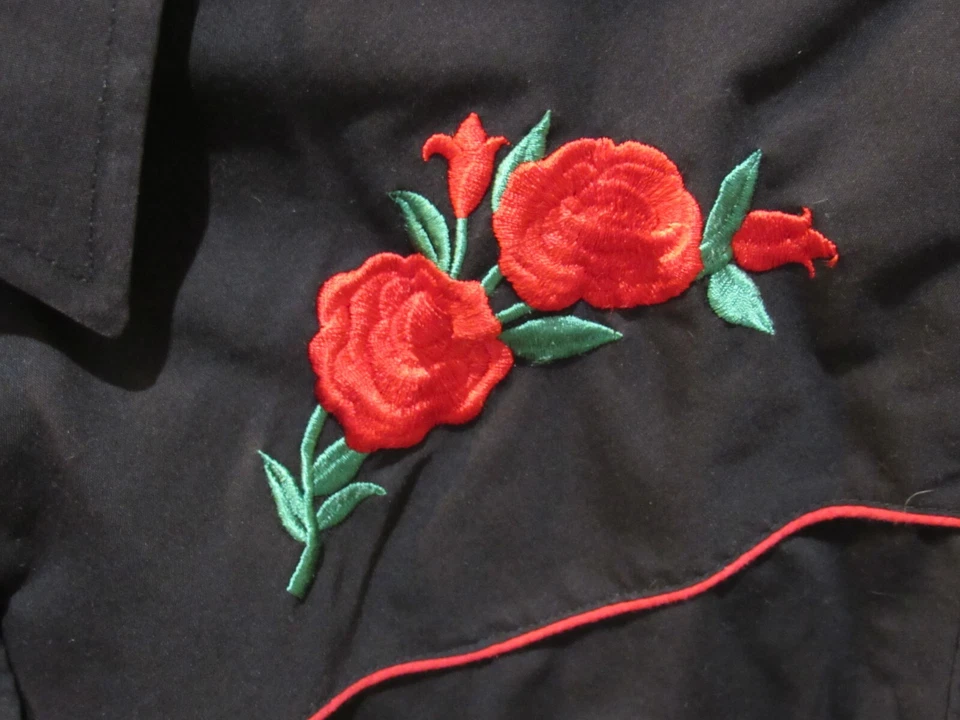 Ely Cattleman American Roses Western Ranch Camisa Hombre Mediana Negra Botón a Presión Foto 3 de 4