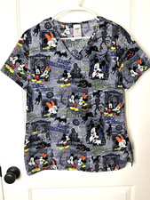 Disney Mickey  Minnie Mouse Halloween Gray Medical Nursing Scrub Top Womens M