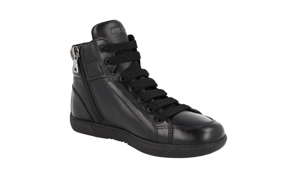 PRADA BOYS KIDS HIGH-TOP SNEAKERS SHOES BLACK LEATHER NEW US