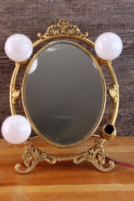 Vtg Ornate 2 Sided Victorian Vanity Mirror Glass Gold Floral Light Up/Read  | Ebay