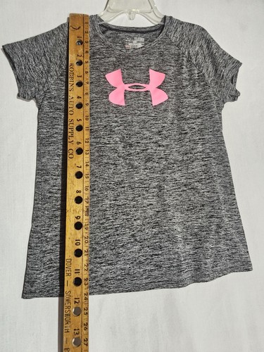Under Armour Girls Heat Gear T Shirt Size YXL (18) Grey Pink Lightweight Stretch - Picture 4 of 6