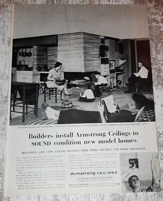 1956 Armstrong Vintage Print Ad Ceiling Tile Absorb Sound Family MCM Living Room