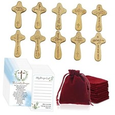 Paquete de 90 mini cruces de mano de madera con citas cristianas, bolsas de terciopelo y