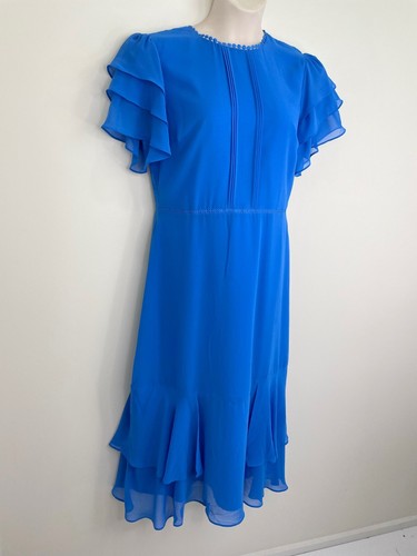 Oasis women NWT Tiered Sleeve Pintuck Midi Dress size 16 Blue short sleeve braid - Picture 6 of 13