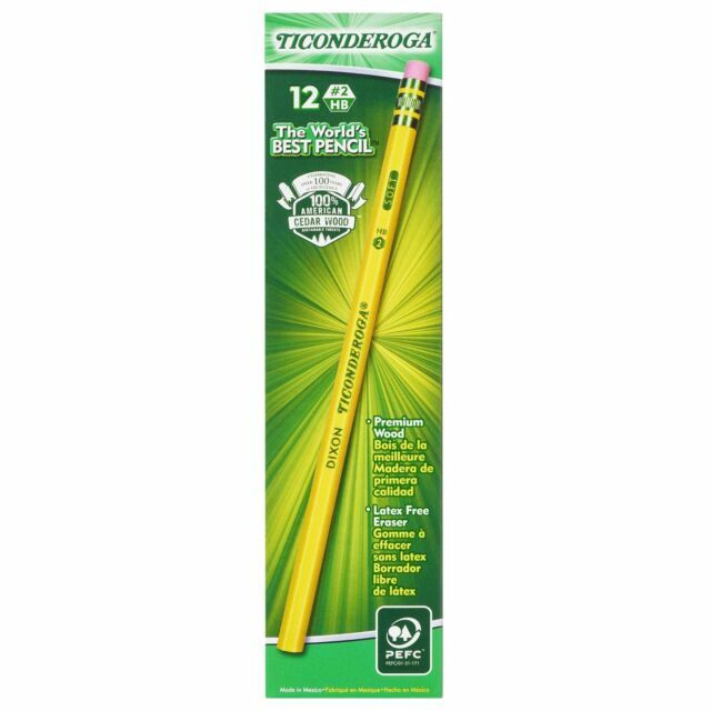 Dixon Ticonderoga Pencils Wood-Cased Graphite Yellow #2 HB with Eraser 12-Count
