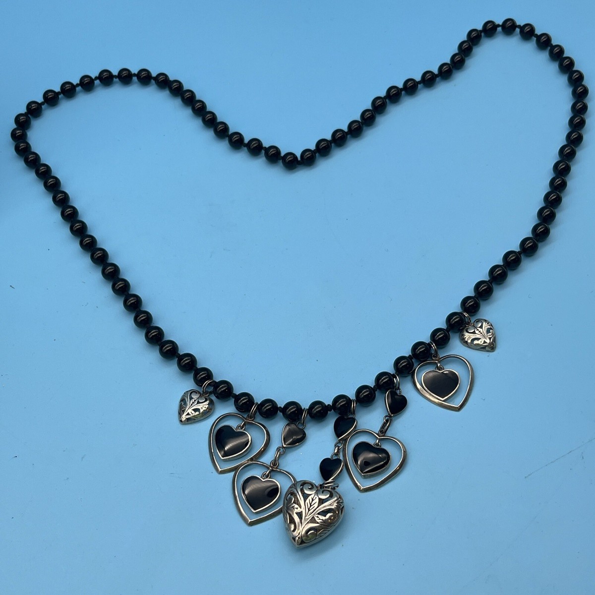 【TATIANA】(Silver925) Black Onix Heart Beads Necklace 925 Sterling Onyx Heart Charms on Black Knotted Bead