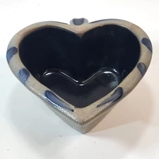 Rowe Pottery Works Heart Bowl w/ Handle Blue Grey Cambridge WI Stoneware 1995