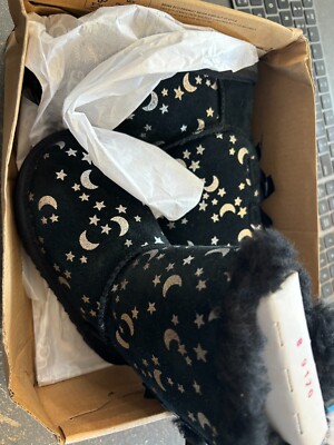 UGG Girls Sz 8 Bailey Bow  Moon and Stars Suede Black Boots - New