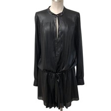 BCBGMAXAZRIA ALYN Dress Womens L Adult Black Metallic Pleated Long Sleeve Mini