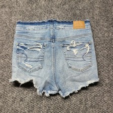 American Eagle Hi Rise Shortie Jean Shorts Light Wash Distressed Size 0 Stretch