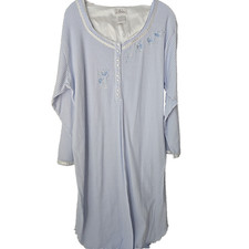 ARIA Blue Gingham Nightgown LARGE Embroidered Floral Pattern Buttons Midi