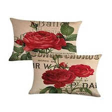 Rose Lumbar Throw Pillow Cover, Blooming Rose with Flowers Green 12 20 Red