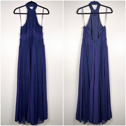 Free People Medium Sweet Talkin Lace Wide Leg Sleeveless Halter Jumpsuit Blue - Picture 2 of 7
