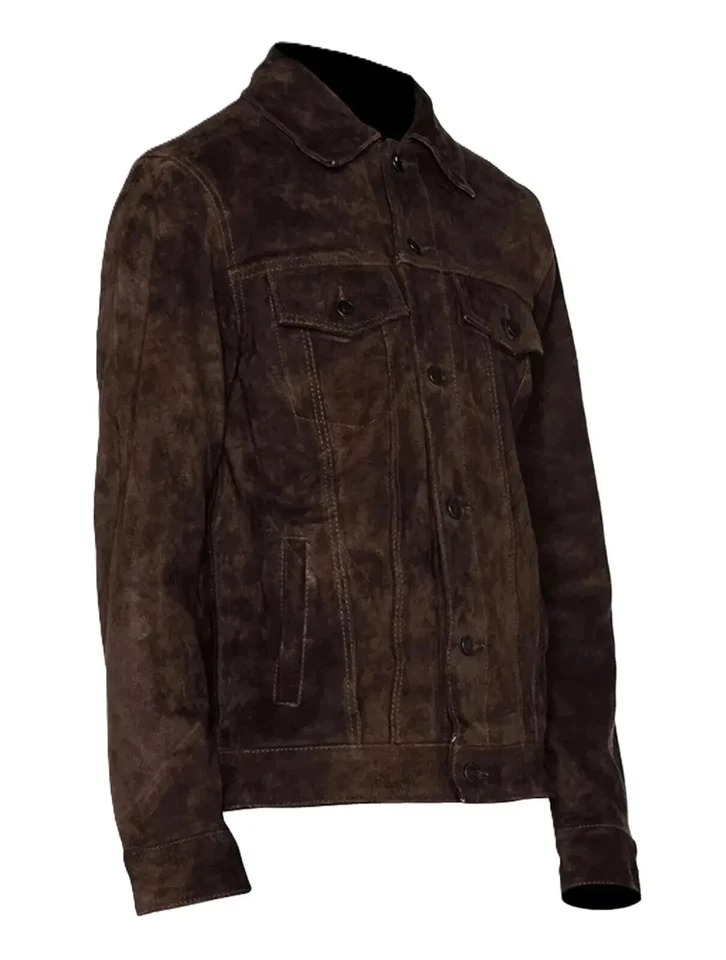 Men's Real Suede Leather Dark Brown Trucker Jacket Denim Style Classic Jacket - Image 3 of 4