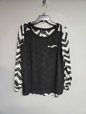 AB studios women's medium Shirt black white chevron print sheer blouse