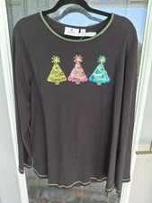 Quacker Factory Women's LS XL Black  Top Embellished w/3 Sequin Trees N/TAGS