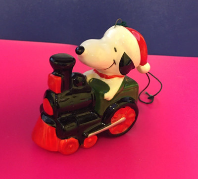 Peanuts Snoopy on Train Locomotive Christmas Ornament Ceramic Vintage