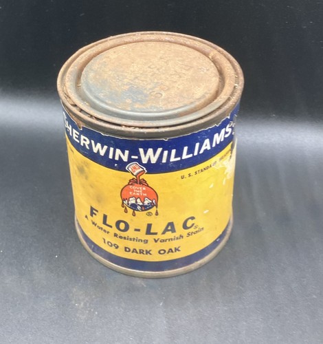 1960’s Sherwin Williams 1 quart Flo-Lac Dark oak varnish stain 109 Vtg Can - Picture 2 of 4