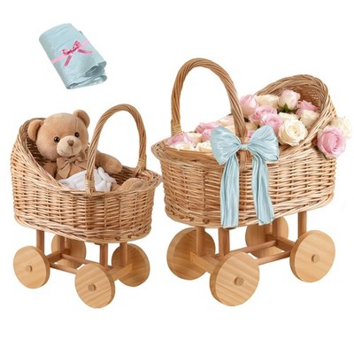 Woven rattan baby stroller baskets, vintage rattan flower cart, wicker stroll...