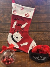 Holiday Cat 3 PC Set Santa Stocking, Good Kitty Hat,5 In. Glass Ornament