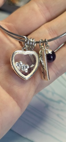 Silvertone Adjustable Mother Daughter Heart Charm And Amythyst Stone Bracelet - Picture 4 of 10