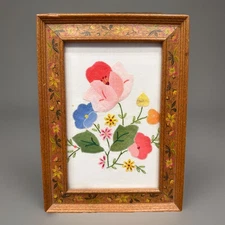 Vintage Fabric Appliqué Art Floral Matted And Framed In A Burness Frame Grandma