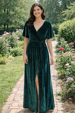 Baltic Born Size Small Green Velvet Short Flutter Sleeve Wrap Maxi Dress