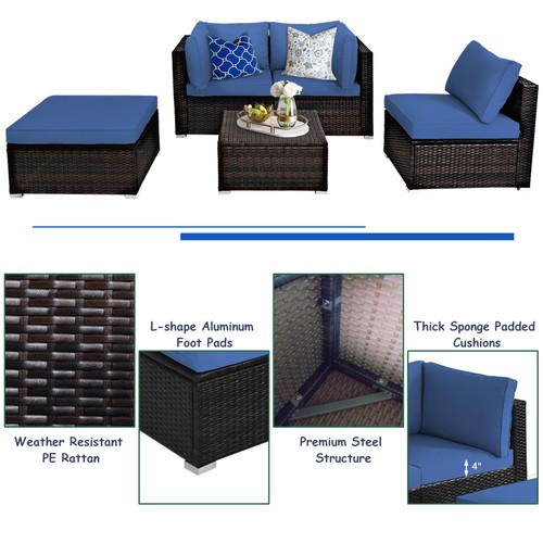 5PCS Rattan Patio Conversation Set Outdoor Furniture Set w/ Ottoman Navy Cushion - Picture 10 of 10