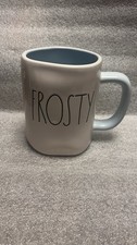 Rae Dunn FROSTY 2 Sided White Mug. Light Blue Inside and Handle.