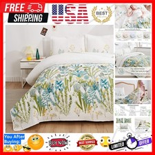 Green White Floral Quilt Set King Size Botanical Bedspread Breathable Flower ...