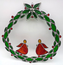 Vintage Stained Glass Holly  Angel Wreath Sun Catcher