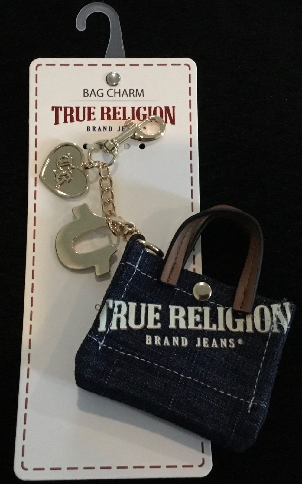 True Religion Gold Mini Tote Bag Charm, Denim Keychain with Heart