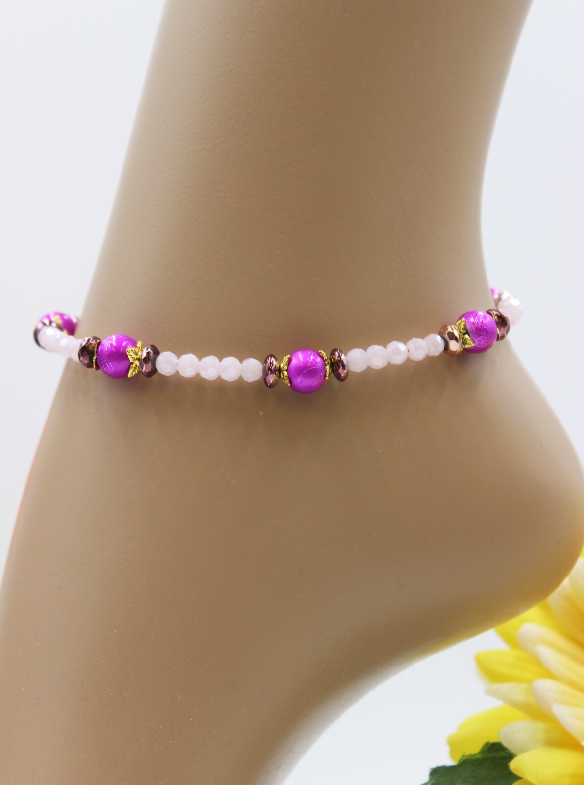 Anklet Boho Beads Pink Glass Beads Rose Hematite Size S #KA017