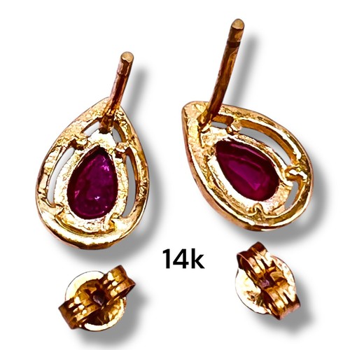 14k Yellow Gold Natural Ruby Pear Stud Post Earrings - Picture 5 of 14