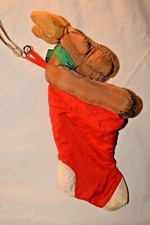 Vintage Nylon Plush Puffy Moose Reindeer Christmas Stocking Red Brown White