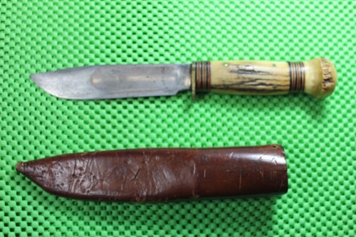 Marbles Gladstone IDEAL Knife Roller Coaster Stamp Bone Stag w/ Sheath Ref# 50b - Picture 2 of 10