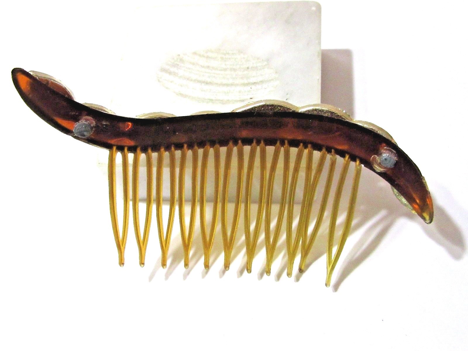 FAUX TORTOISE GOLD TONE TEXTURED CELLULOID HAIR COMB SWIRL MIDCENTURY ATOMIC