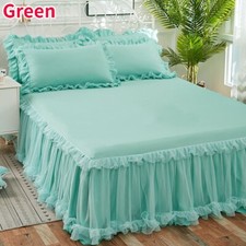 3X Mesh Lace Ruffle Bed Skirt Bedspread Sheet Dust Deep Drop Solid Pillowcase