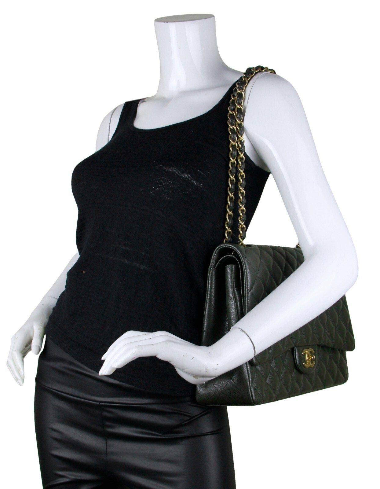 Authentic Chanel Dark Green Caviar Leather Double Flap Maxi Bag image 3