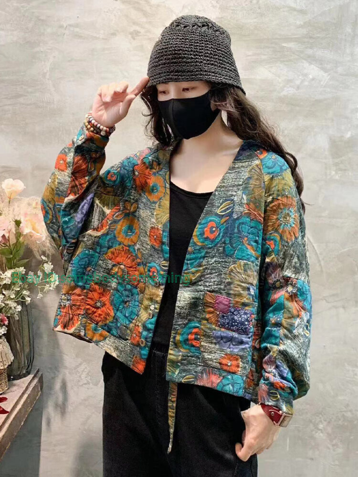 Women Winter Vintage Floral Linen Padded Jacket